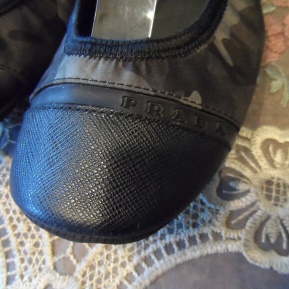Prada Green/Black Camo Print Elastic Canvas/Leather Ballet Flats Size 7 - Picture 6 of 16